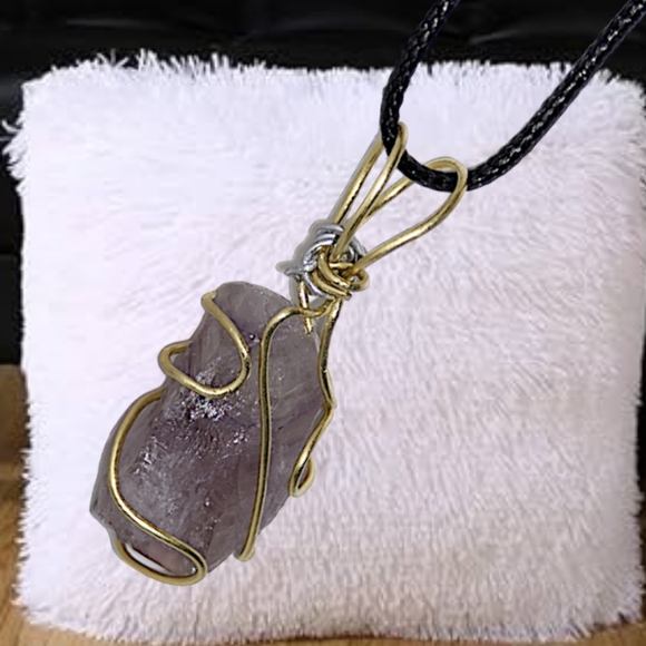 .Raw Amethyst Stone Wire Pendant with 18" Black Wax Leather Necklace - Picture 2 of 5